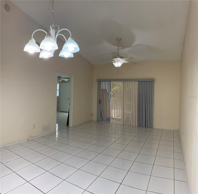 14844 Laguna Beach Cir, Orlando, FL 32824 - unfurnished room featuring a ceiling fan, a chandelier, light tile patterned flooring, and lofted ceiling