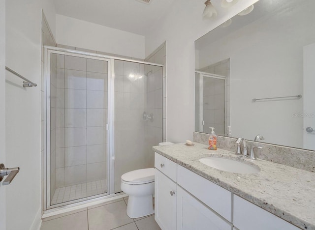 bathroom featuring a stall shower, tile patterned floors, toilet, and vanity