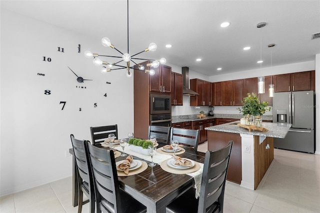 dining room featuring recessed lighting, light tile patterned floors, a chandelier, and baseboards