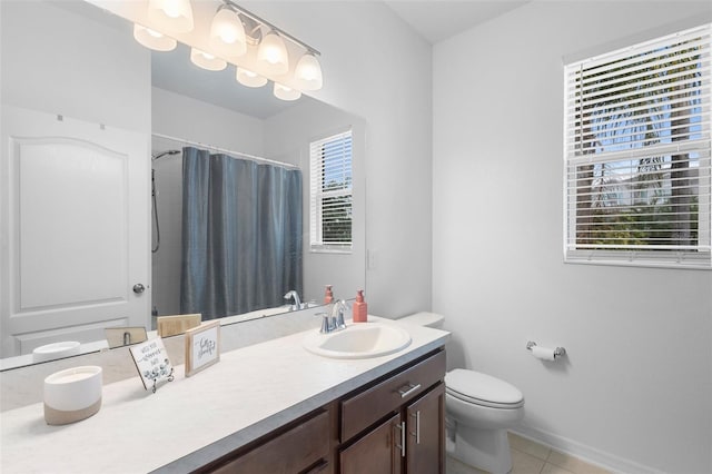 bathroom with toilet, tile patterned floors, vanity, baseboards, and a shower with curtain
