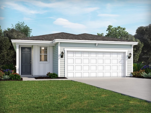 27 Dilly Ct, Palm Coast, FL 32164 - ranch-style home featuring concrete driveway, board and batten siding, a front lawn, a garage, and roof with shingles