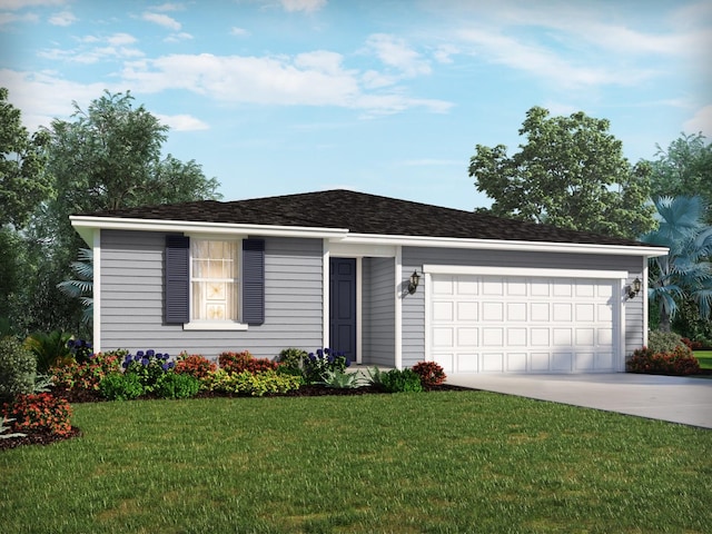 ranch-style house featuring driveway, an attached garage, and a front yard