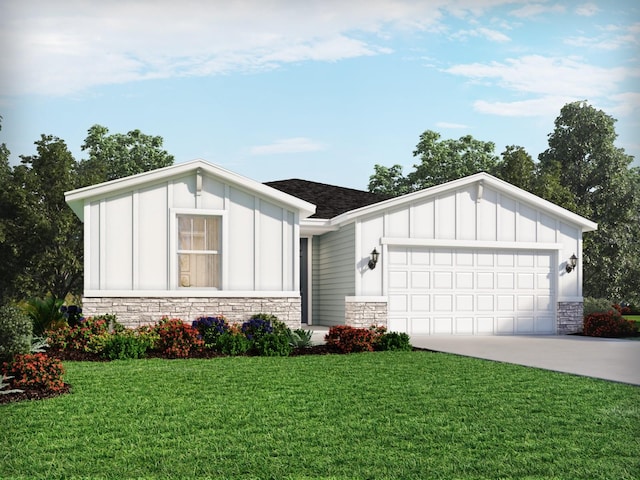 view of front of house with board and batten siding, a garage, concrete driveway, and a front yard