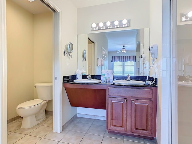 8101 Resort Village Dr, Orlando, FL 32821 - bathroom with tile patterned flooring, toilet, a ceiling fan, double vanity, and a shower with door