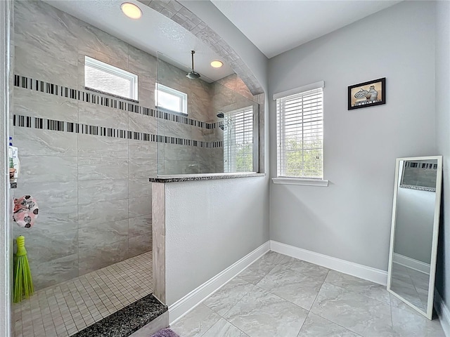 473 Oviedo Blvd, Oviedo, FL 32765 - bathroom with a walk in shower, baseboards, marble look tiles, and recessed lighting