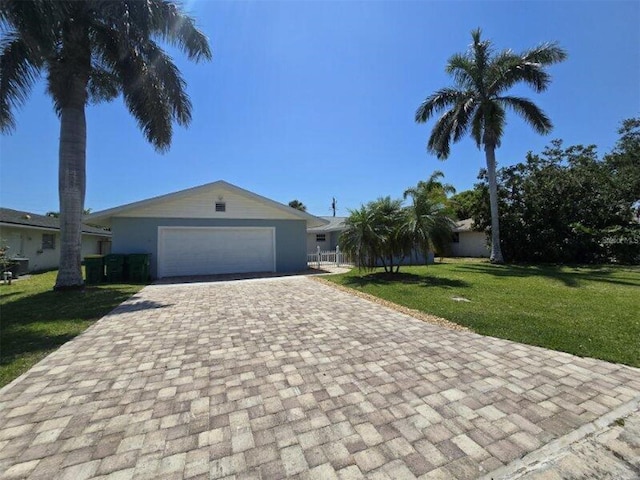 single story home with decorative driveway, a front lawn, and an attached garage
