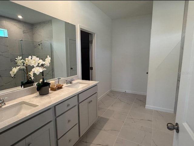 2681 Ginseng Ivy St, Apopka, FL 32703 - bathroom featuring marble look tiles, double vanity, and a marble finish shower