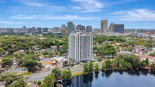 drone / aerial view of a skyline view and a nearby body of water