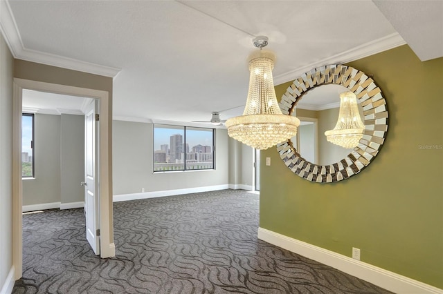 hall featuring carpet flooring, a chandelier, ornamental molding, and baseboards