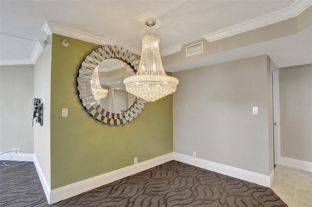 unfurnished dining area with a chandelier, ornamental molding, baseboards, and carpet floors