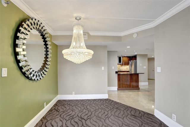 unfurnished dining area featuring ornamental molding, a chandelier, baseboards, and recessed lighting