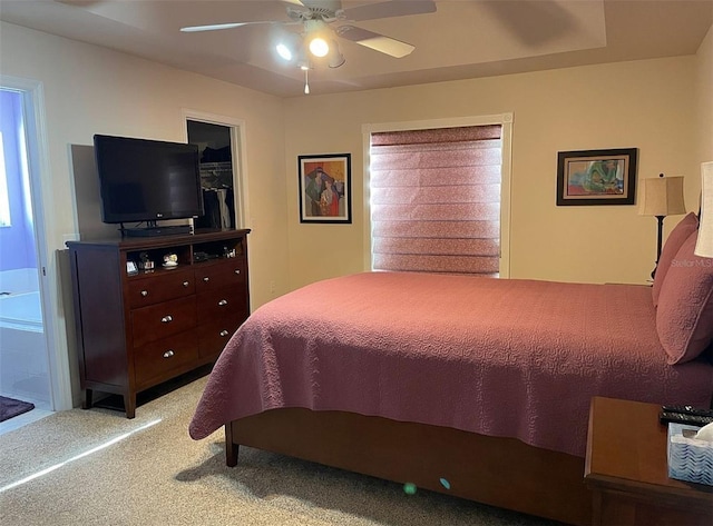 bedroom with carpet flooring, ceiling fan, and a spacious closet