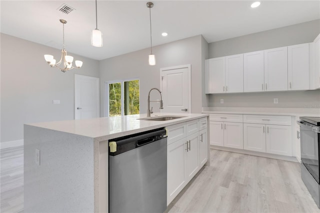 kitchen with a sink, dishwasher, a center island with sink, electric stove, and white cabinetry
