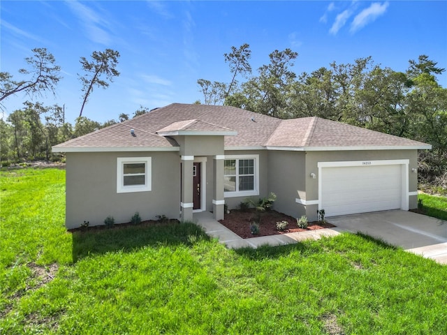 16253 SW 29th Court Rd, Ocala, FL 34473 - ranch-style home with roof with shingles, stucco siding, concrete driveway, a front lawn, and a garage