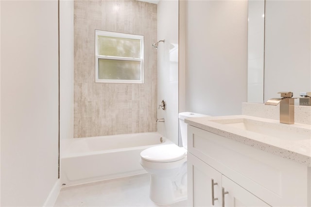 bathroom with bathtub / shower combination, toilet, and vanity