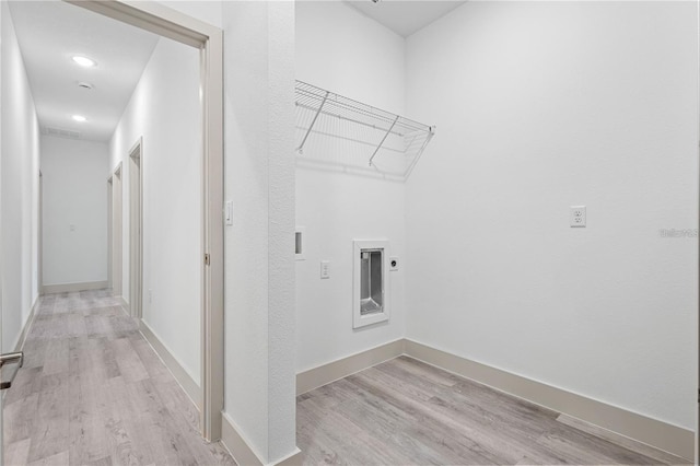 laundry room featuring hookup for an electric dryer, light wood-style floors, baseboards, recessed lighting, and hookup for a washing machine