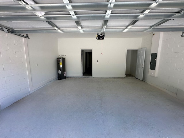 garage with water heater, electric panel, and a garage door opener