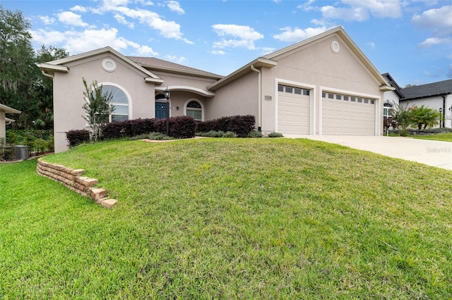 ranch-style house with stucco siding, a garage, driveway, a front lawn, and cooling unit