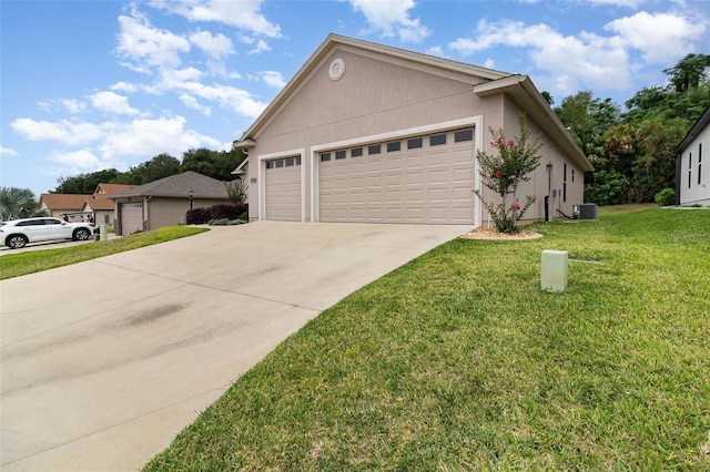 view of front of house featuring driveway, central air condition unit, stucco siding, a front lawn, and an attached garage