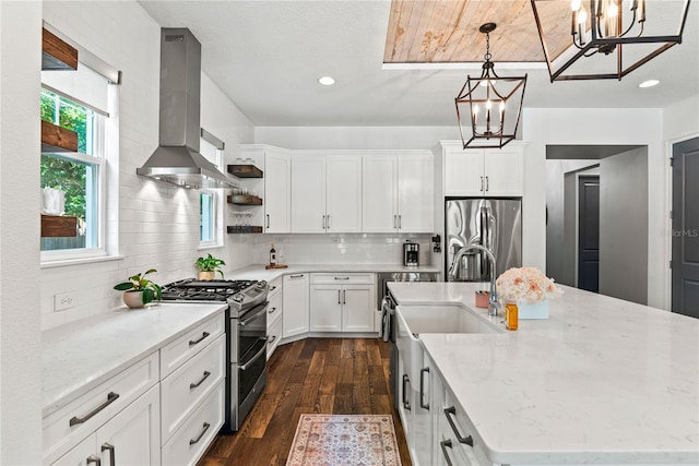 kitchen featuring stainless steel appliances, exhaust hood, a chandelier, open shelves, and dark wood-type flooring