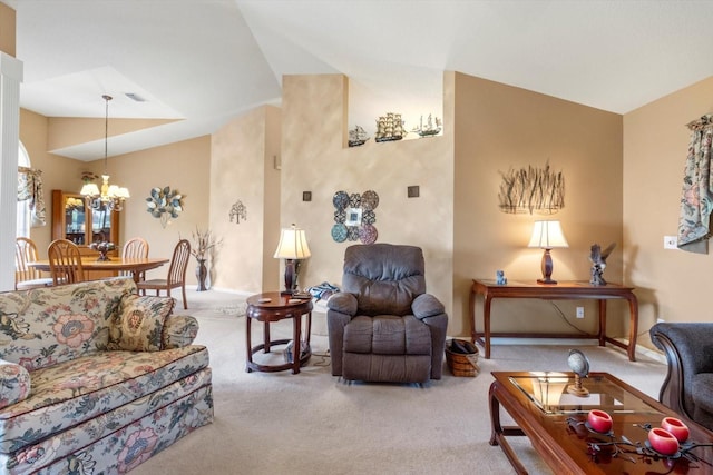 living area featuring carpet floors, a chandelier, and lofted ceiling