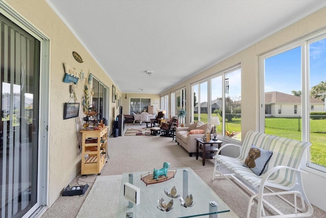sunroom with an outdoor hangout area, carpet, and a textured wall
