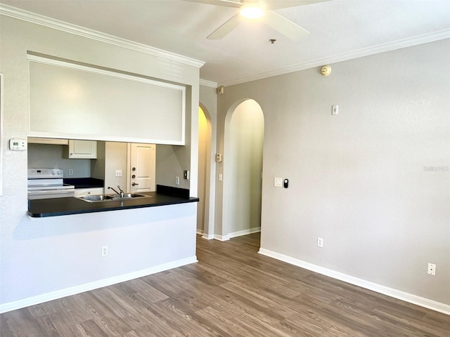 kitchen with white electric stove, arched walkways, a sink, ornamental molding, and wood finished floors