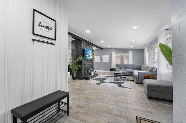 913 Moss Ln, Winter Park, FL 32789 - living area featuring a fireplace and recessed lighting
