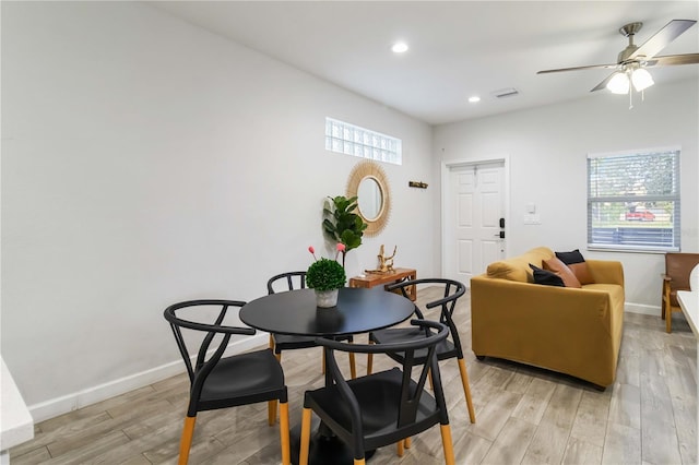 18 S D St, Lake Worth, FL 33460 - dining area featuring light wood-style flooring, baseboards, recessed lighting, and ceiling fan