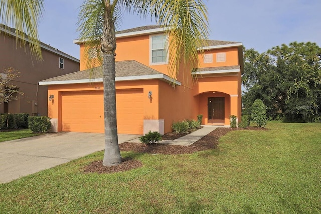 traditional-style home featuring stucco siding, an attached garage, driveway, a front lawn, and roof with shingles