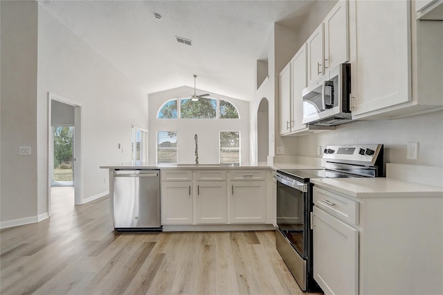 19540 Glen Elm Way, Orlando, FL 32833 - kitchen featuring appliances with stainless steel finishes, a sink, a ceiling fan, healthy amount of natural light, and vaulted ceiling