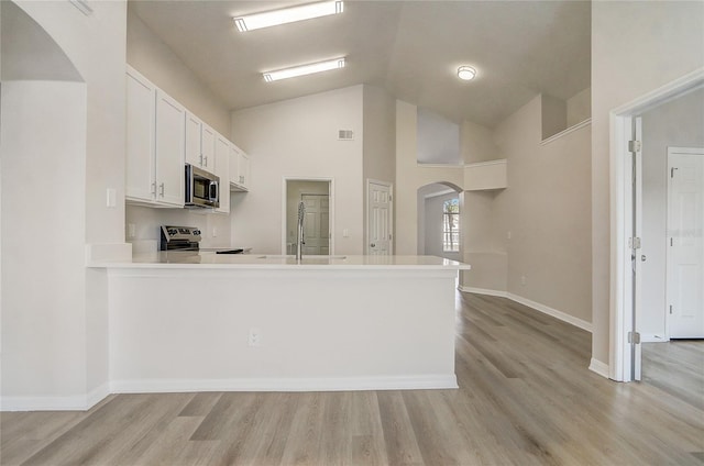 19540 Glen Elm Way, Orlando, FL 32833 - kitchen with arched walkways, appliances with stainless steel finishes, light wood-style flooring, a peninsula, and high vaulted ceiling