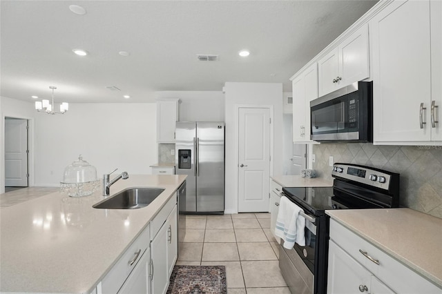 kitchen with appliances with stainless steel finishes, a sink, recessed lighting, white cabinetry, and backsplash