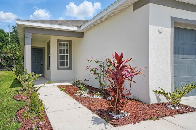 view of exterior entry featuring stucco siding