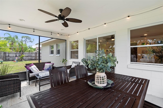 3520 Balsam Dr, Winter Park, FL 32792 - sunroom featuring a ceiling fan, an outdoor hangout area, and outdoor dining space