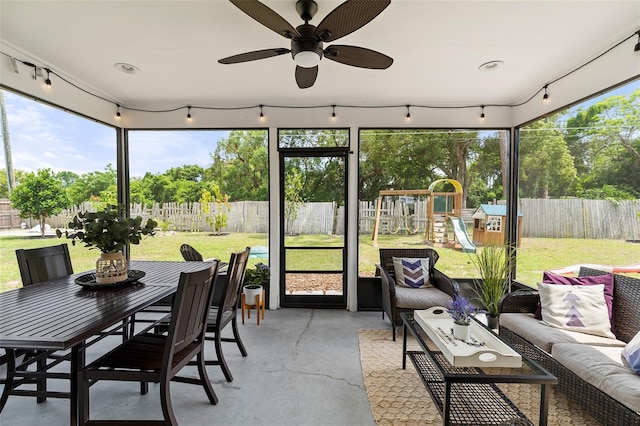 3520 Balsam Dr, Winter Park, FL 32792 - sunroom with outdoor lounge area, a ceiling fan, outdoor dining area, and rail lighting