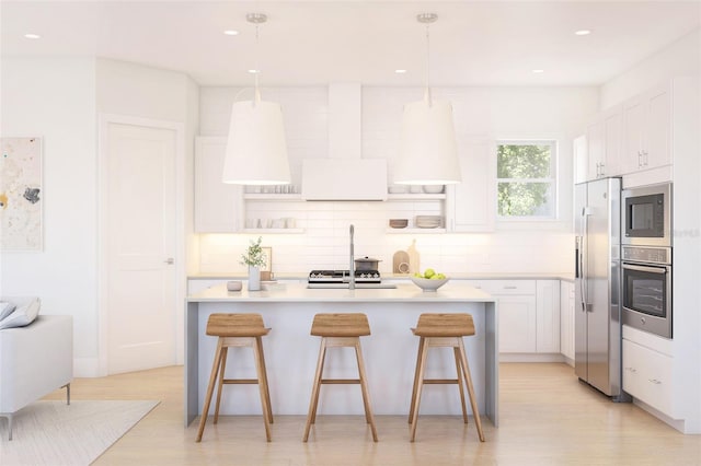 12536 Westhaven Oak Dr Unit 111, Winter Garden, FL 34787 - kitchen with open shelves, stainless steel appliances, tasteful backsplash, a kitchen breakfast bar, and recessed lighting