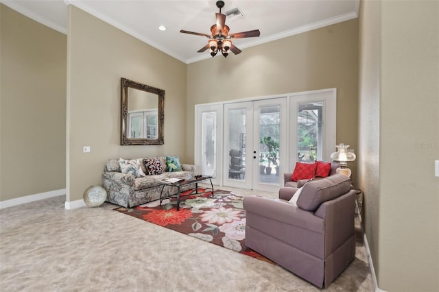 6686 SE 135th St, Summerfield, FL 34491 - living area with french doors, ornamental molding, ceiling fan, and baseboards