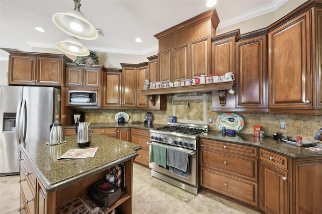 6686 SE 135th St, Summerfield, FL 34491 - kitchen with stainless steel appliances, open shelves, crown molding, dark stone counters, and light tile patterned flooring