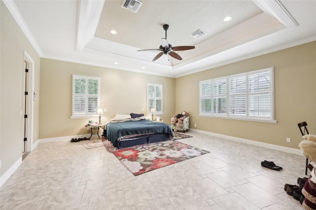 6686 SE 135th St, Summerfield, FL 34491 - bedroom featuring a tray ceiling, multiple windows, crown molding, recessed lighting, and a ceiling fan