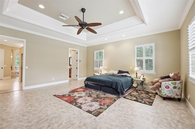 6686 SE 135th St, Summerfield, FL 34491 - bedroom with a raised ceiling, baseboards, crown molding, recessed lighting, and ceiling fan