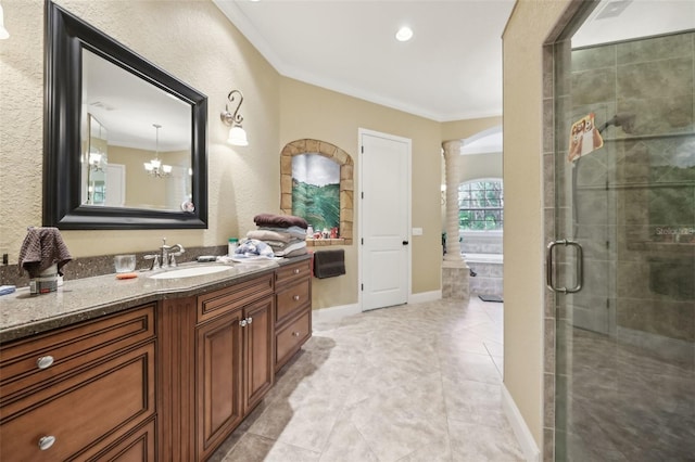 6686 SE 135th St, Summerfield, FL 34491 - full bathroom featuring tiled shower, ornamental molding, vanity, decorative columns, and tile patterned floors
