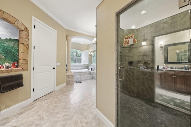 6686 SE 135th St, Summerfield, FL 34491 - full bathroom featuring ornamental molding, decorative columns, a shower stall, a bath, and vanity