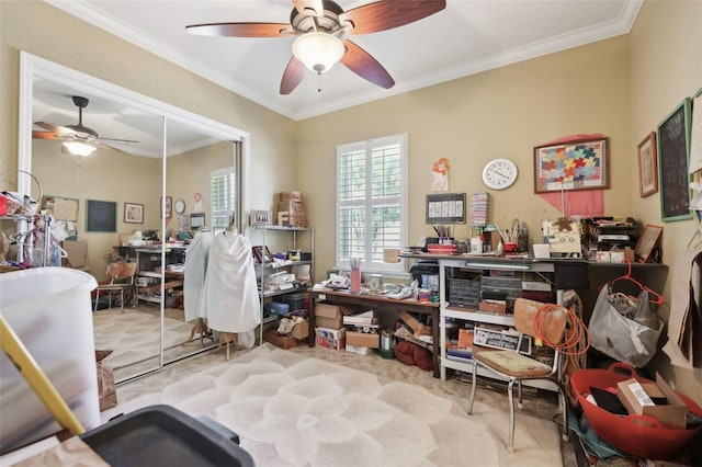 6686 SE 135th St, Summerfield, FL 34491 - office with ceiling fan, crown molding, and carpet flooring