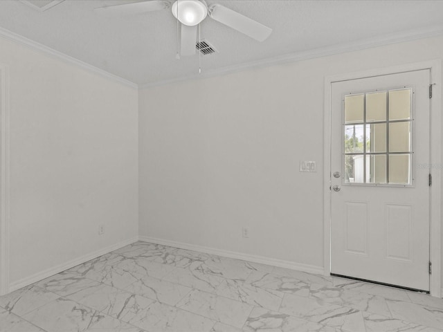 unfurnished room featuring light marble finish flooring, a ceiling fan, ornamental molding, and baseboards