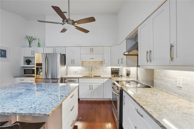 628 Riverpark Cir, Longwood, FL 32779 - kitchen with stainless steel appliances, wall chimney range hood, a sink, ceiling fan, and white cabinets