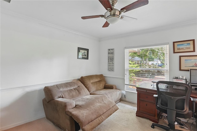 628 Riverpark Cir, Longwood, FL 32779 - office featuring ornamental molding, light carpet, baseboards, and ceiling fan