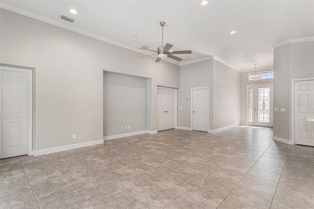 1602 W Caroline Path, Lecanto, FL 34461 - unfurnished living room featuring a ceiling fan, crown molding, baseboards, recessed lighting, and light tile patterned flooring
