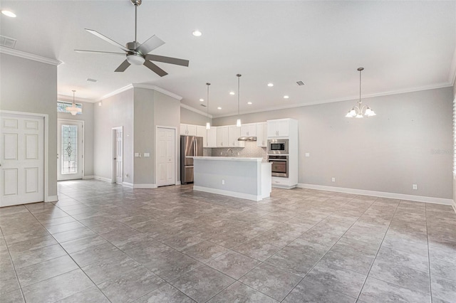 1602 W Caroline Path, Lecanto, FL 34461 - unfurnished living room with a chandelier, ornamental molding, ceiling fan, baseboards, and recessed lighting