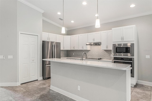 1602 W Caroline Path, Lecanto, FL 34461 - kitchen with appliances with stainless steel finishes, under cabinet range hood, baseboards, decorative backsplash, and ornamental molding